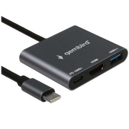 Док-станция Type-C Gembird UHB-D1, 5в1: 3хUSB3.1, Type-C PD100W, HDMI, кабель 17см, алюминий