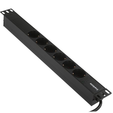 Блок розеток горизонтальный ExeGate ServerPro PDU-19H602 Al-6S-EU2, 19", 1U, Алюминий, 6 Schuko, кабель с евровилкой VDE-250V-16A-3*1.5мм2, 2метра, черный