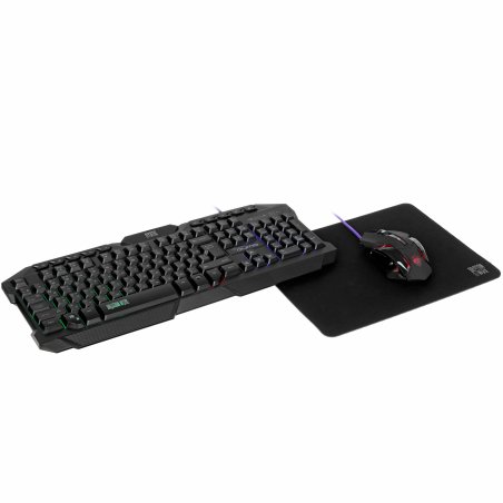Игровой комплект Qumo Mystic K58/M76, кл-ра проводная 104 + 10 клавиш мультимедиа, встроенные подсветки общая + кнопок 3 цвета, мышь проводная, оптическая, 1200/1600/2400/3200 dpi с подсветкой, коврик