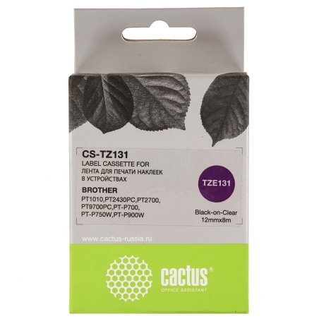 Картридж ленточный Cactus CS-TZ131 черный 12мм, черный шрифт, прозрачный фон, 8м для Brother 1010/1280/1830VP/7600VP