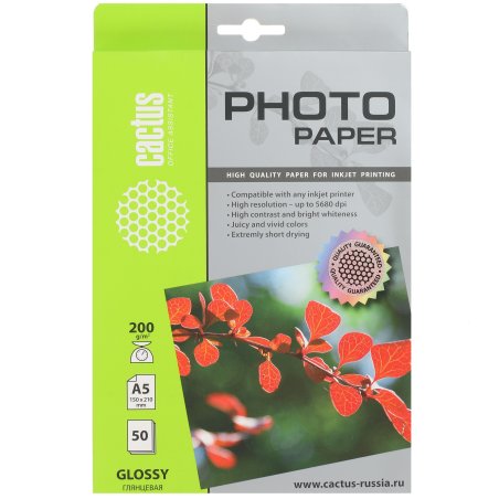 Фотобумага Cactus CS-GA520050 A5/200г/м2/50л. глянцевая для струйной печати