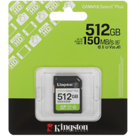 Флеш карта SDXC UHS-I U3 Kingston Canvas Select Plus 512 Gb, 150 МБ/с, Class 10, SDS3/512Gb