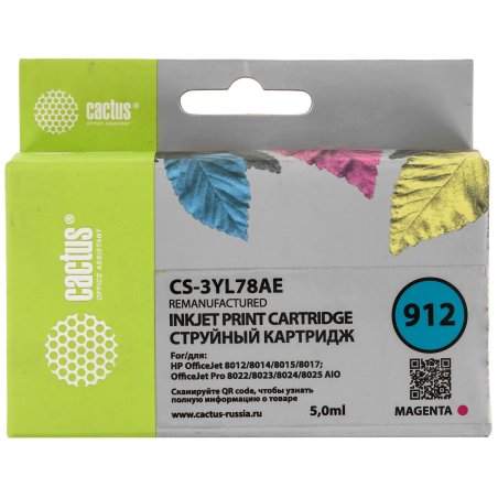 Картридж струйный Cactus CS-3YL78AE 912 пурпурный (5 мл) для HP OfficeJet 8010/8012/8013/8014/8015/8020/8025
