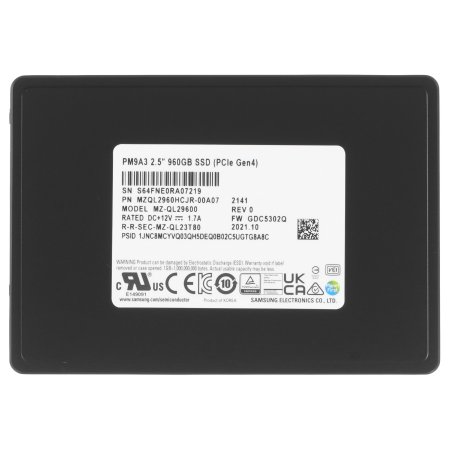 Накопитель SSD Samsung Enterprise PM9A3 черный MZQL2960HCJR-00A07 960Gb, PCIe 3.1 x4, 2.5", U.2, NVMe, R/W 3200/1100