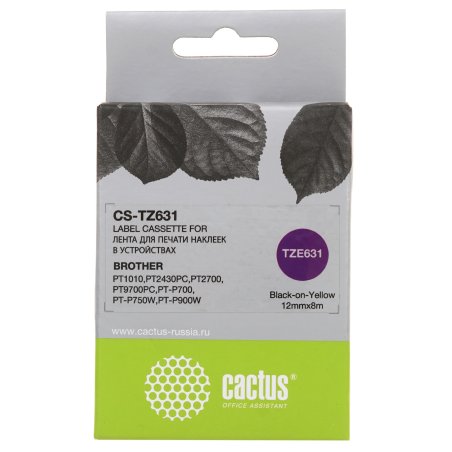 Картридж ленточный Cactus CS-TZ631 черный шрифт, желтый фон (12 мм, 8 м) для Brother 1010/1260VP/1830VP/9700PC