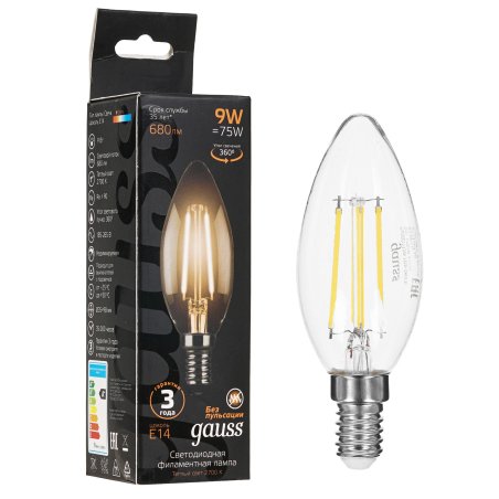 Лампа светодиодная LED Gauss Filament Свеча E14 9W 680lm 2700К 1/10/50