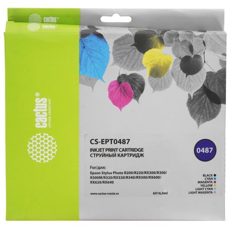 Картридж струйный Cactus CS-EPT0487 многоцветный (88 мл) для Epson Stylus Photo R200/R220/R300/R320/R340/RX500/RX600/RX620/RX640