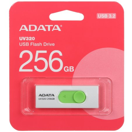 Флешка USB ADATA UV320 (AUV320-256G-RWHGN), 256Gb, USB 3.2 Gen1, R/W 100/30, белый/зеленый