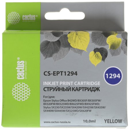 Картридж струйный Cactus CS-EPT1294 (T1294) желтый (10 мл) для Epson Stylus Office B42/BX305/BX305F/BX320/BX525/BX625/SX420/SX425