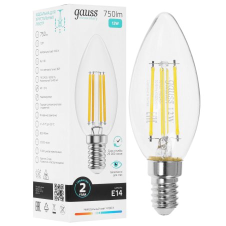 Лампа светодиодная филаментная Gauss Filament 12Вт цок.:E14 свеча св.свеч.бел.нейт. (упак.:10шт)