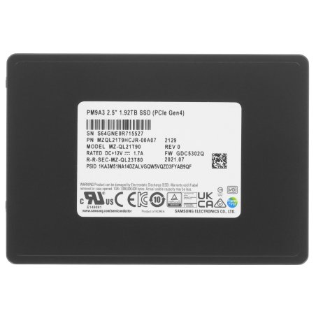 Накопитель SSD Samsung Enterprise, 1.92Tb, PCIe 3.1 x4, 2.5", U.2, NVMe, R/W 3200/2000