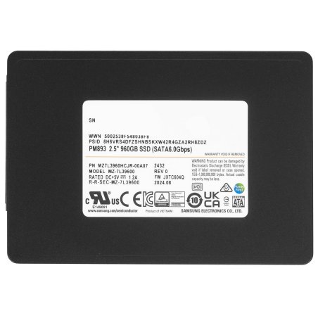 Накопитель SSD Samsung PM893, 960Gb, SATA III, 2.5", R/W 550/520