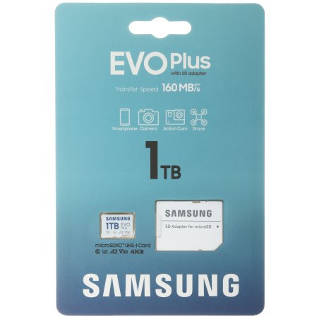 Карта памяти Samsung EVO Plus, microSDXC, 1TB, Class 10, A2, V30, UHS-I (U3), W 90 МБ/с, R 160 МБ/с, адаптер на SD