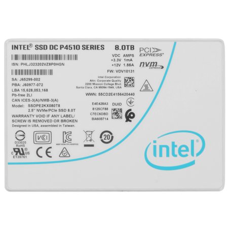Накопитель SSD Intel P4510 Series, 8000GB, 2.5", PCIe 3.1 x4, U.2, R/W 3200/3000