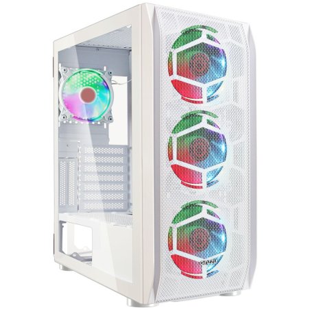 Компьютерный корпус Ginzzu GL 390 боковая дверца закаленное стекло на петлях на магнитах, controller CRC10, 4* 12R6W FAN 12CM RGb белый