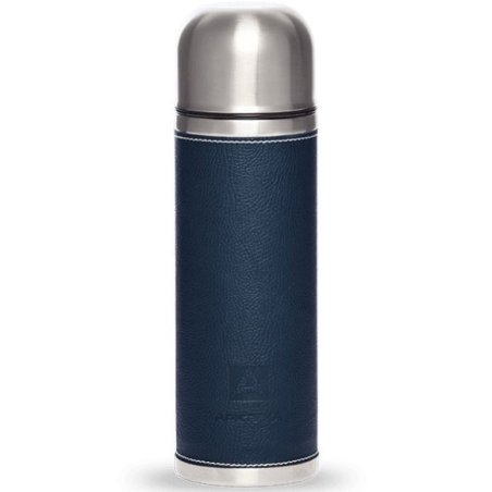 Термос Арктика 108-700 синий, узкое горло 0,7 л + кнопка в коже, холод/тепло 28 ч