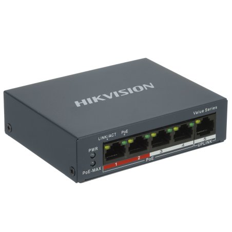 Коммутатор Hikvision DS-3E0105P-E(B) 4 RJ45 100M PoE с грозозащитой 6кВ, 2 порт с высоким приоритетом; 1 Uplink порт 100М Ethernet; бюджет PoE 60Вт; поддержка режима передачи до 250м,10Мб/с, CAT5e; таблица MAC а