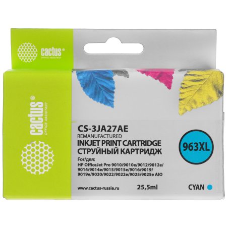 Картридж струйный Cactus CS-3JA27AE 963XL (есть ограничения по прошивке) голубой (25.5 мл) для HP OfficeJet Pro 9010/9010e/9012/9014/9015/9016/9019