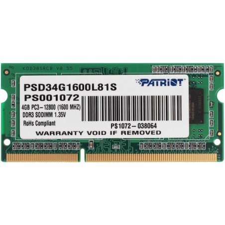 Оперативная память Patriot, DDR3L, 4Gb (1x4 GB), 1600 MHz, CL11, SO-DIMM