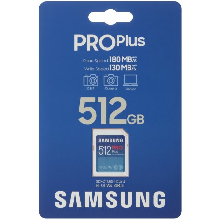 Флеш карта SDXC 512GB Samsung PRO Plus Class 10, A2, V30, W130МБ/с, R180МБ/с, <MB-SD512S/APC>