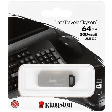 Флешка USB Kingston DataTraveler KYSON (DTKN/64GB), 64Gb, USB 3.2 Gen 1, R/W 200/60, серебристый/черный