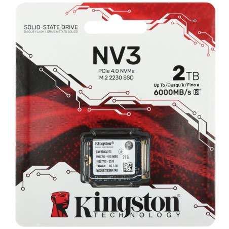 Накопитель SSD Kingston NV3, 2000Gb, M.2(22x30мм), NVMe, PCIe 4.0 x4, 3D TLC, R/W 6000/5000Mb/s, TbW 640, DWPD 0.2 (60 мес)