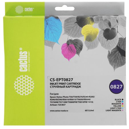 Картридж струйный Cactus CS-EPT0827 черный/голубой/пурпурный/желтый/светло-голубой/светло-пурпурный (82.8 мл) для Epson Stylus Photo R270/290/RX590
