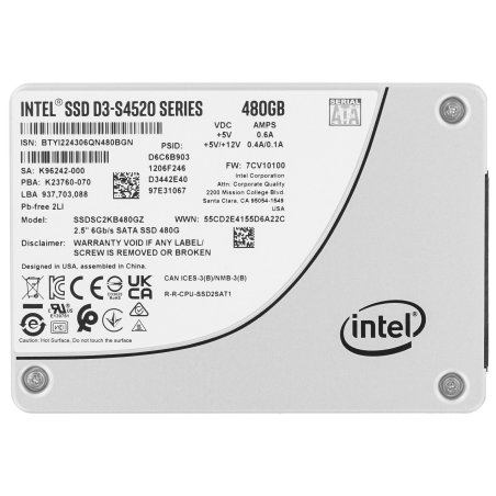 Накопитель SSD Intel D3-S4520, 480Gb, SATA III, 2.5", 3D TLC, R/W 550/460