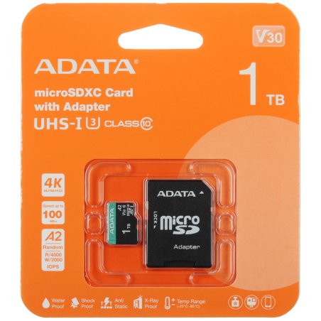 Флеш карта ADATA AUSDX1TUI3V30SA2-RA1, 1Tb microSDXC Class 10 UHS-I U3 V30S A2 100/80 MB/s (SD адаптер)