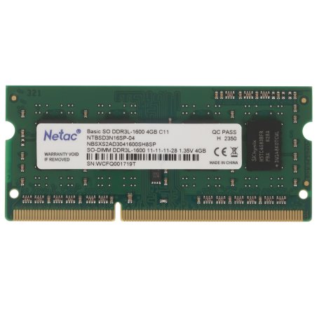 Оперативная память NETAC Basic, DDR3L, 4Gb (1x4Gb), 1600MHz, CL11, SO-DIMM