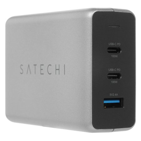 Сетевое зарядное устройство Satechi Compact Charger с технологией GaN Power. Порты: USB Type-C 100 Вт х 2, USB Type-A до12 Вт. серый космос. Satechi Compact GaN Charger 100W Type-C PD - Space Gray