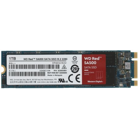 Накопитель SSD WD Red SA500 WDS100T1R0B, 1000Gb, SATA III, M.2 2280, R/W 560/530