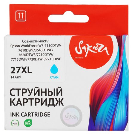 Струйный картридж Sakura C13T27124022 (27XL Cyan) для Epson, голубой, 14,6 мл., 1100 к.