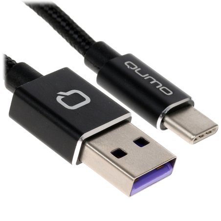Кабель Qumo Type-С кабель, 1м, USB 2.0, 5В, 5А, 25Вт, тканевая оплетка, стальной коннектор, черный