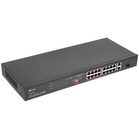 Коммутатор TP-Link 16-port 10/100Mbps + 2-port Gigabit unmanaged switch with 16 PoE+ ports, compliant with 802.3af/at PoE, 150W PoE budget,  support 250m Extend Mode, priority mode and Isolation mode, rackmount, plug and play.