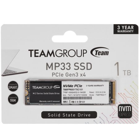 Накопитель M.2 2280 1TB Team Group MP33 Client SSD PCIe Gen3x4 with NVMe, 1800/1500, IOPS 220/200K, MTBF 1.5M, 3D TLC, 600TBW, 0,33DWPD, RTL