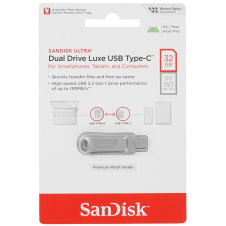 Флешка USB Sandisk Ultra Dual Luxe 32Gb, USB 3.0, серебристый