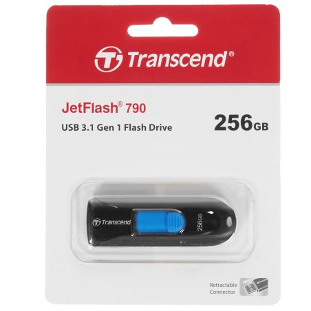 Флешка USB Transcend JetFlash 790 (TS256GJF790K), 256Gb, USB 3.1, R/W 90/40, черный/синий