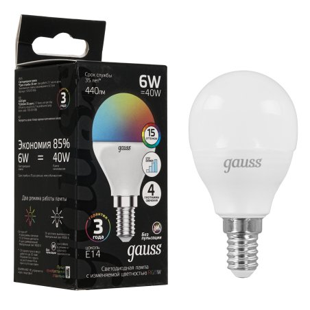 Лампа светодиодная Шар Gauss 6W E14 RGbW+димирование LED