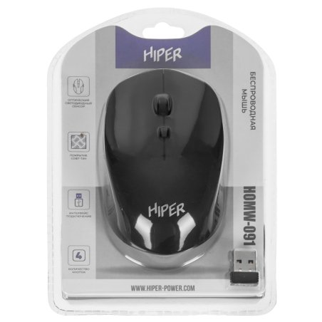 Мышь беспроводная HIPER HOMW-091 черный, 1600 dpi, радиоканал, USB, кнопки - 4