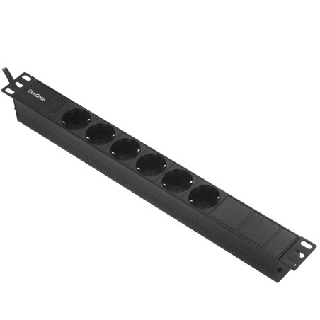 Блок розеток горизонтальный ExeGate ServerPro PDU-19H604 Al-6S-C14-2.5, 19", 1U, Алюминий, 6 Schuko, кабель с вилкой C14 VDE-250V-10A-3*1.5мм2, 2.5 метра, черный