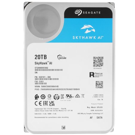 Жесткий диск Seagate SkyHawk AI ST20000VE002 20Tb, 3.5", 7200 RPM, SATA-III, 512e, 256MB, для систем видеонаблюдения