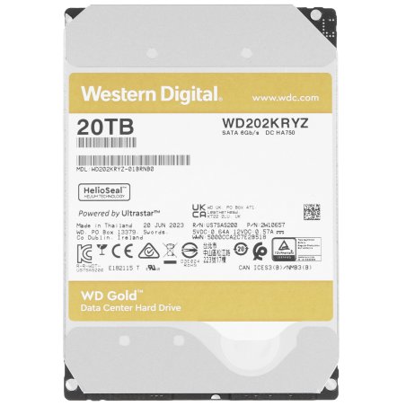 Жесткий диск Western Digital 3.5"; 20Tb WD202KRYZ Gold SATA3, Cache 291MB, 7200 rpm