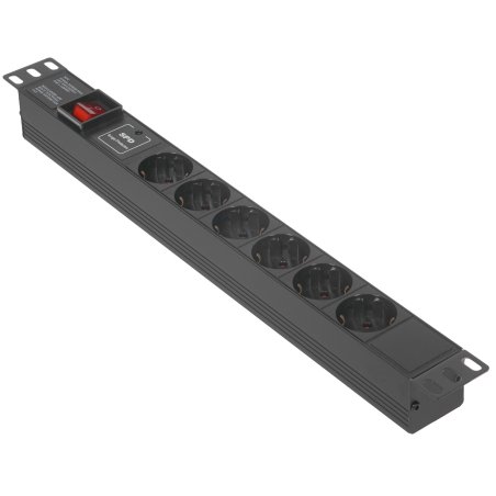 Блок розеток горизонтальный ExeGate ServerPro PDU-19H607 Al-6S-C14-SW-SPD1, 19", 1U, Алюминий, 6 Schuko, С14, выкл. с подсветкой, SPD1, черный