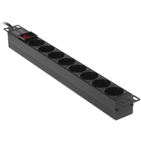 Блок розеток горизонтальный ExeGate ServerPro PDU-19H805 Al-8S-EU3-SW, 19", 1U, Алюминий, 8 Schuko, кабель с евровилкой VDE-250V-16A-3*1.5мм2, 3 метра, выкл. с подсветкой, черный