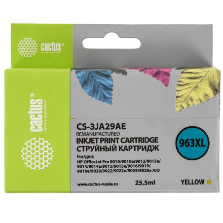 Картридж струйный Cactus 963XL CS-3JA29AE (есть ограничения по прошивке) желтый (25.5 мл) для HP OfficeJet Pro 9010/9010e/9012/9014/9015/9016/9019