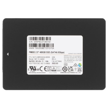 Накопитель SSD Samsung PM883, 480Gb, SATA III, 2.5", R/W 550/520