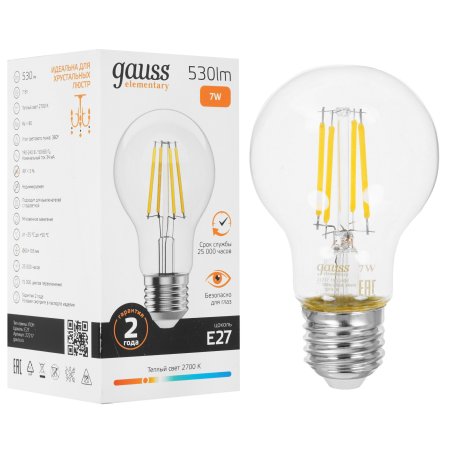 Лампа светодиодная филаментная Gauss Filament 7Вт цок.:E27 груша св.свеч.бел.теп. (упак.:10шт)