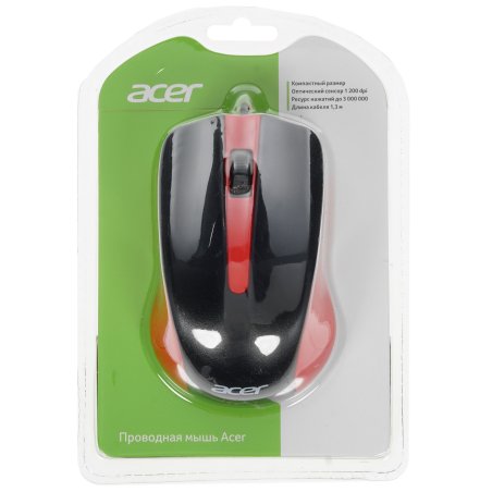 Мышь проводная Acer OMW012 черный/красный, 1200 dpi, USB, кнопки - 3