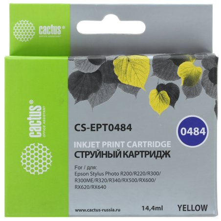 Картридж струйный Cactus CS-EPT0484 желтый (14,4 мл) для Epson Stylus Photo R200/R220/R300/R320/R340/RX500/RX600/RX620/RX640